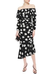 Dolce & Gabbana - Off-the-shoulder ruffled polka-dot silk-blend satin midi dress - Black - IT 36