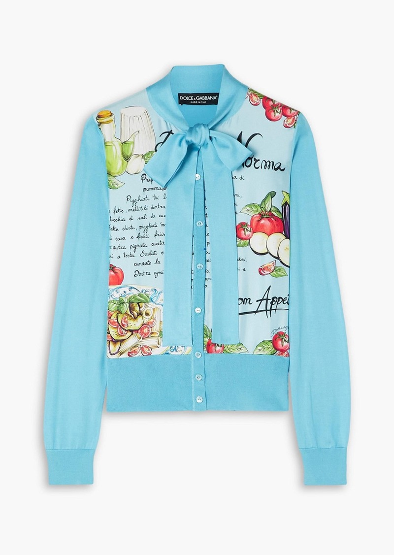 Dolce & Gabbana - Pussy-bow twill-paneled silk cardigan - Blue - IT 40