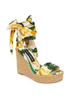 Dolce & Gabbana Floral Print Ankle Tie Wedge Sandal