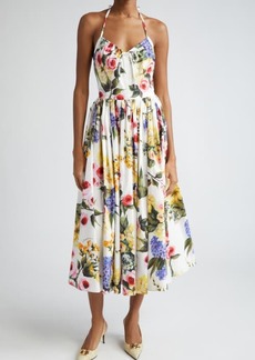 Dolce & Gabbana Garden Floral Print Pleated Cotton Poplin A-Line Dress