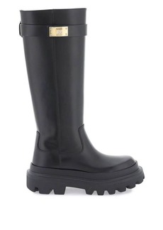 Dolce & gabbana leather boots with logoed plaquee