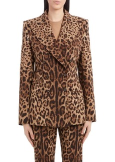 Dolce & Gabbana Leopard Print Double Breasted Stretch Wool Blazer