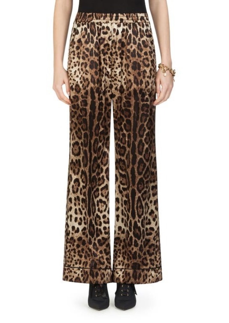 Dolce & Gabbana Leopard Print Wide Leg Stretch Silk Satin Pajama Pants