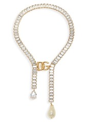 Dolce & Gabbana Logo Crystal & Imitation Pearl Lariat Necklace