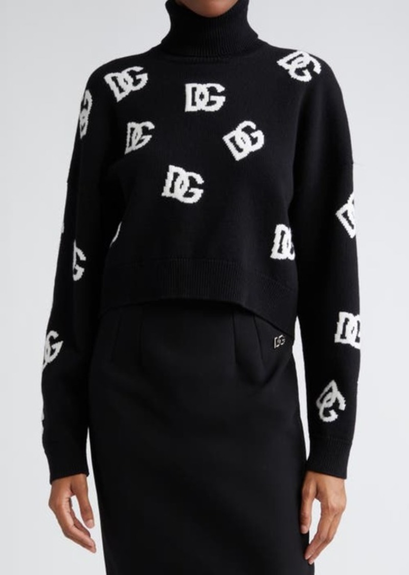 Dolce & Gabbana Logo Intarsia Crop Virgin Wool Turtleneck Sweater