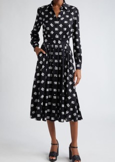 Dolce & Gabbana Pleated Monogram Logo Long Sleeve Stretch Silk Charmeuse Midi Dress