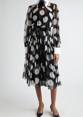 Dolce & Gabbana Polka Dot Long Sleeve Belted Chiffon Midi Dress