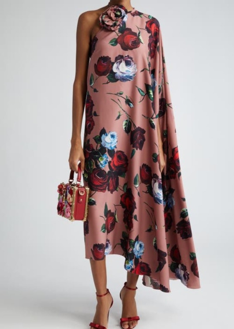 Dolce & Gabbana Rosette Floral Print Asymmetric One-Shoulder Charmeuse Dress