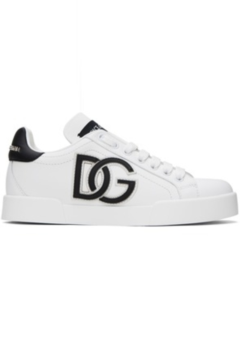 Dolce & Gabbana White & Black Calfskin Portofino DG Logo Sneakers