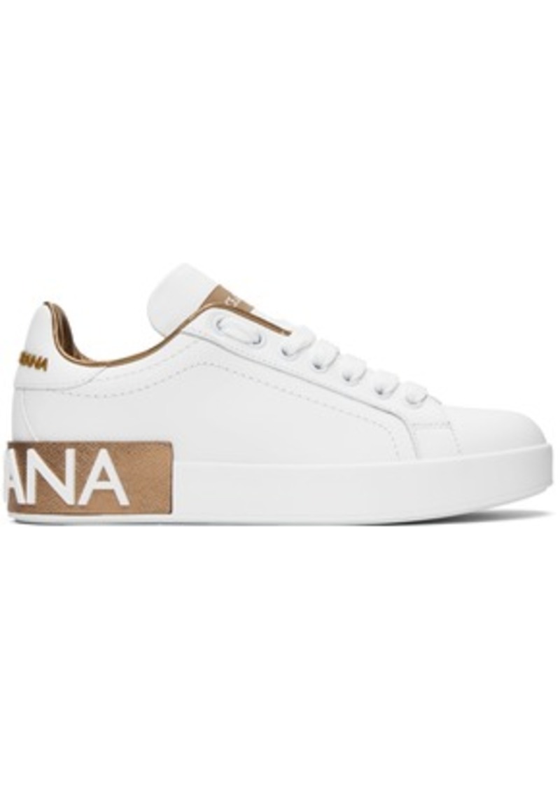 Dolce & Gabbana White & Gold Calfskin Portofino Sneakers