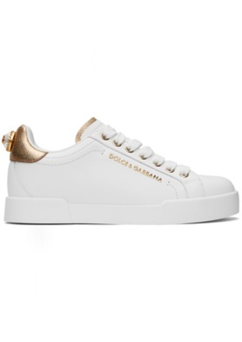 Dolce & Gabbana White & Gold Nappa Calfskin Portofino Lettering Sneakers