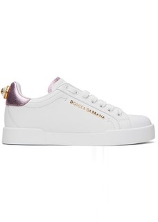 Dolce & Gabbana White & Pink Nappa Calfskin Portofino Lettering Sneakers
