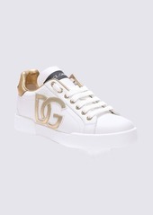 DOLCE & GABBANA WHITE AND GOLD-TONE LEATHER PORTOFINO SNEAKERS