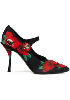 Dolce & Gabbana - Crystal-embellished floral-print stretch-jersey Mary Jane pumps - Black - EU 37