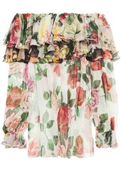 Dolce & Gabbana Woman Off-the-shoulder Ruffled Floral-print Silk-voile Blouse White