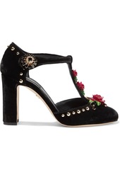 Dolce & Gabbana Woman Vally Floral-appliquéd Embellished Velvet Pumps Black