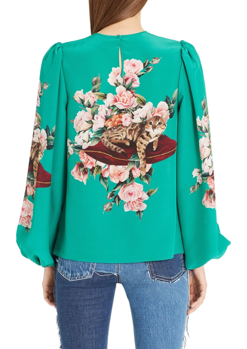 Dolce & Gabbana Dolce&Gabbana Cat Print Silk Bell Sleeve Blouse | Tops