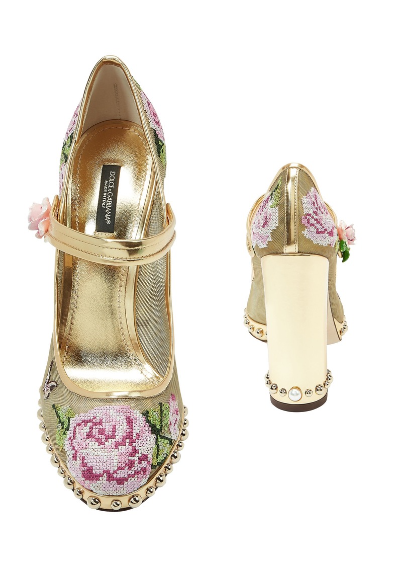 Dolce & Gabbana Floral Stitch Gold Mary Jane Pumps | Shoes