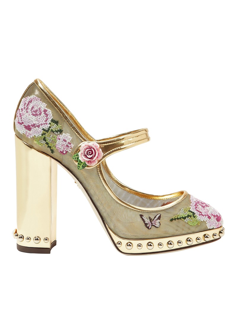 Dolce & Gabbana Floral Stitch Gold Mary Jane Pumps | Shoes