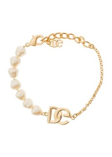 Dolce & Gabbana Gold-Tone Bracelet with Logo Placque and Pearl Detailing in Brass Woman