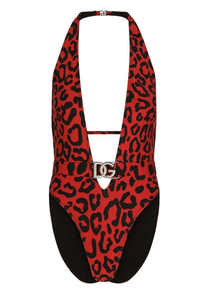 Dolce & Gabbana leopard-print V-neck one-piece