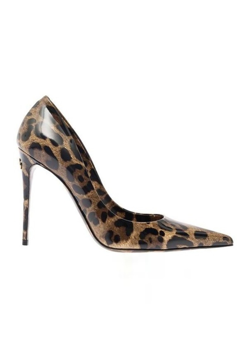 Dolce & Gabbana 'Lollo' Brown Pumps with All-Over Leo Print and DG Patch in Glossy Skin Woman