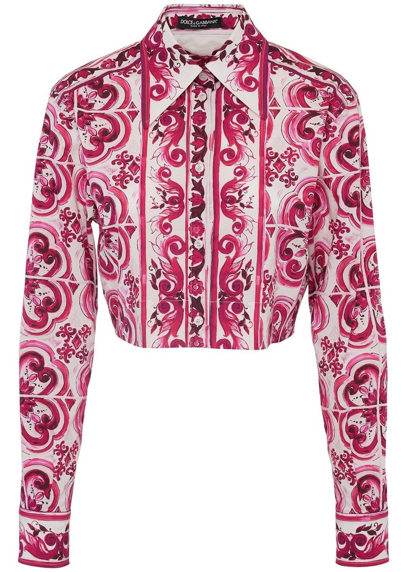 Dolce & Gabbana Maiolica Print Cotton Poplin Crop Shirt
