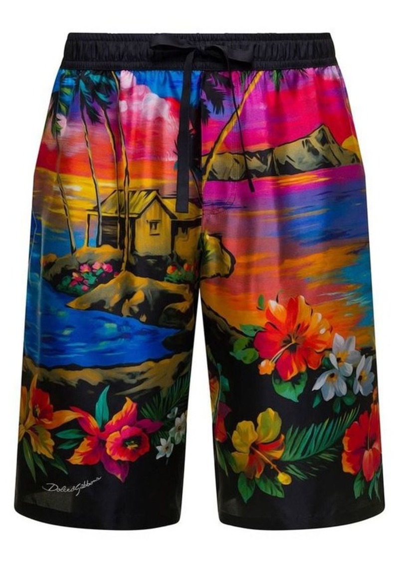 Dolce & Gabbana Multicolor Bermuda Shorts with All-Over Hawaiian Print and Drawstrig in Silk Man