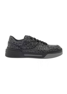 Dolce & Gabbana 'New Roma' Black Low Top Sneakers with All-Over Logo Print in Canvas and Leather Man