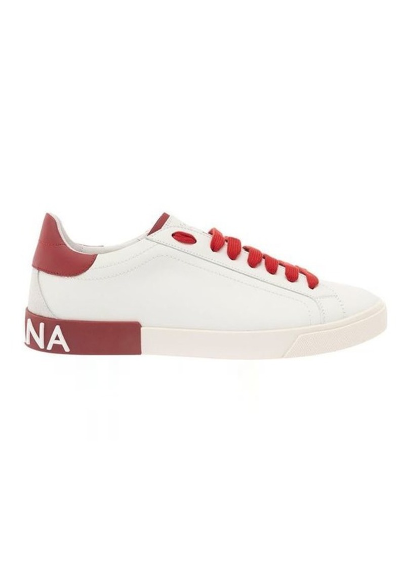 Dolce & Gabbana 'Portofino' White and Red Low Top Sneakers with Logo Patch in Leather Man