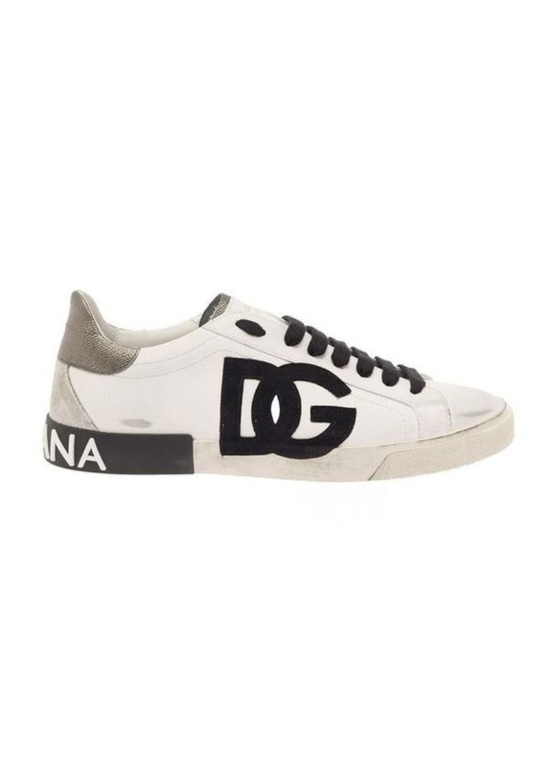 Dolce & Gabbana 'Portofino' White Low Top Sneakers with Logo Patch and Used Effect in Leather Man