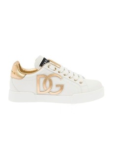 Dolce & Gabbana 'Portofino' White Low Top Sneakers with Metallic Inserts in Leather Woman