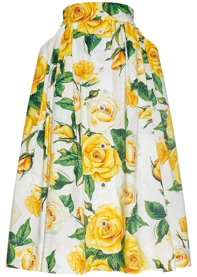 Dolce & Gabbana Rose Pleated Cotton Poplin Midi Skirt