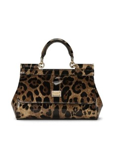 Dolce & Gabbana 'Sicily Piccola' Brown Handbag with Logo Plaque and Leopard Print in Shiny Leather Woman