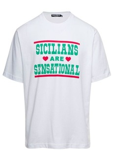 Dolce & Gabbana White Crewneck T-Shirt with 'Sicilians Are Sensational' Print in Cotton Man