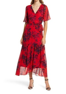 Donna Ricco Floral Faux Wrap Flutter Sleeve Dress