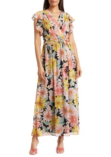 Donna Ricco Flutter Sleeve Pleated Maxi Dress in Pink/yellow Multi at Nordstrom Rack