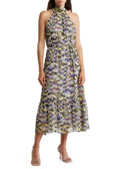 Donna Ricco Mock Neck Tiered Midi Dress in Yellow Multi at Nordstrom Rack