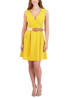 Donna Ricco Women's Belted V-Neck Sleeveless Dress - Mustard
