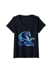 Womens Beautiful Dragon Reading Book Funny Fantasy Lover V-Neck T-Shirt
