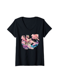 Womens Cherry Blossom Dragon ShirtKawaii Dragon Japanese Dragon V-Neck T-Shirt