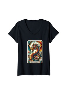 Womens Colorful The Dragon Tarot Card Mythical Fantasy Design V-Neck T-Shirt