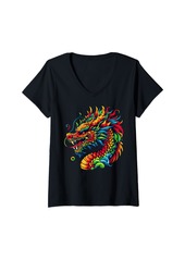 Womens Cool Dragon Graphic Spirit Animal Illustration Tie Dye Art V-Neck T-Shirt