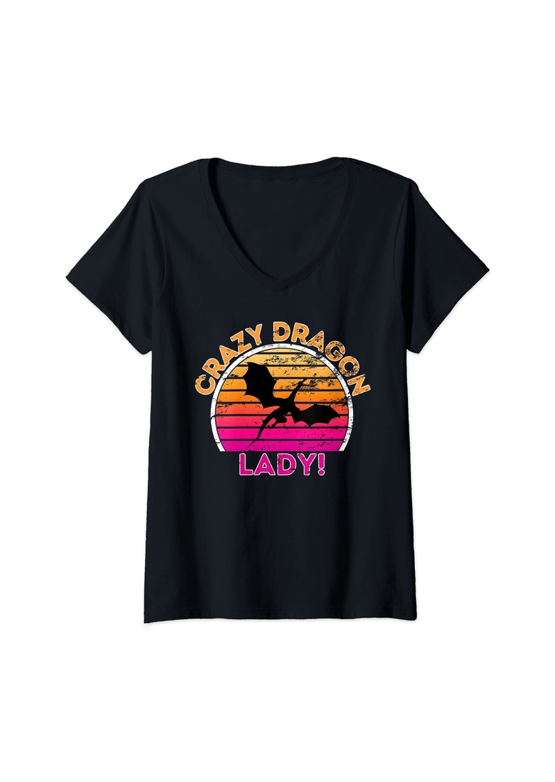 Womens Crazy Dragon Lady - Funny Retro Dragon V-Neck T-Shirt