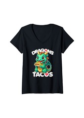 Womens Cute Anime Dragon Eating Tacos Kawaii Style Baby Dragon V-Neck T-Shirt