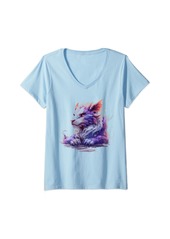 Womens cute anime mythical purple dragon sitting down Asian art V-Neck T-Shirt
