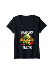 Womens Cute Dragon Taco Love Whimsical Foodie & Fantasy Enthusiast V-Neck T-Shirt