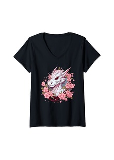 Womens Cute Dragon With Cherry Blossoms I Girl Dragon V-Neck T-Shirt