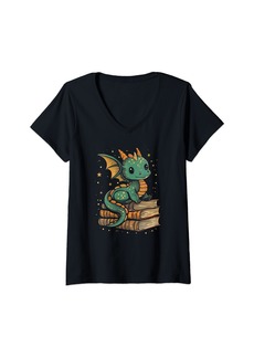 Womens Cute Kawaii Dragon Fantasy Book Lover Book Nerd V-Neck T-Shirt