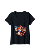 Womens Dragon 4th of July Patriotic Dragon US Flag V-Neck T-Shirt